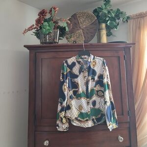 Loness Graphic Button Down Shirt in Green and Blue